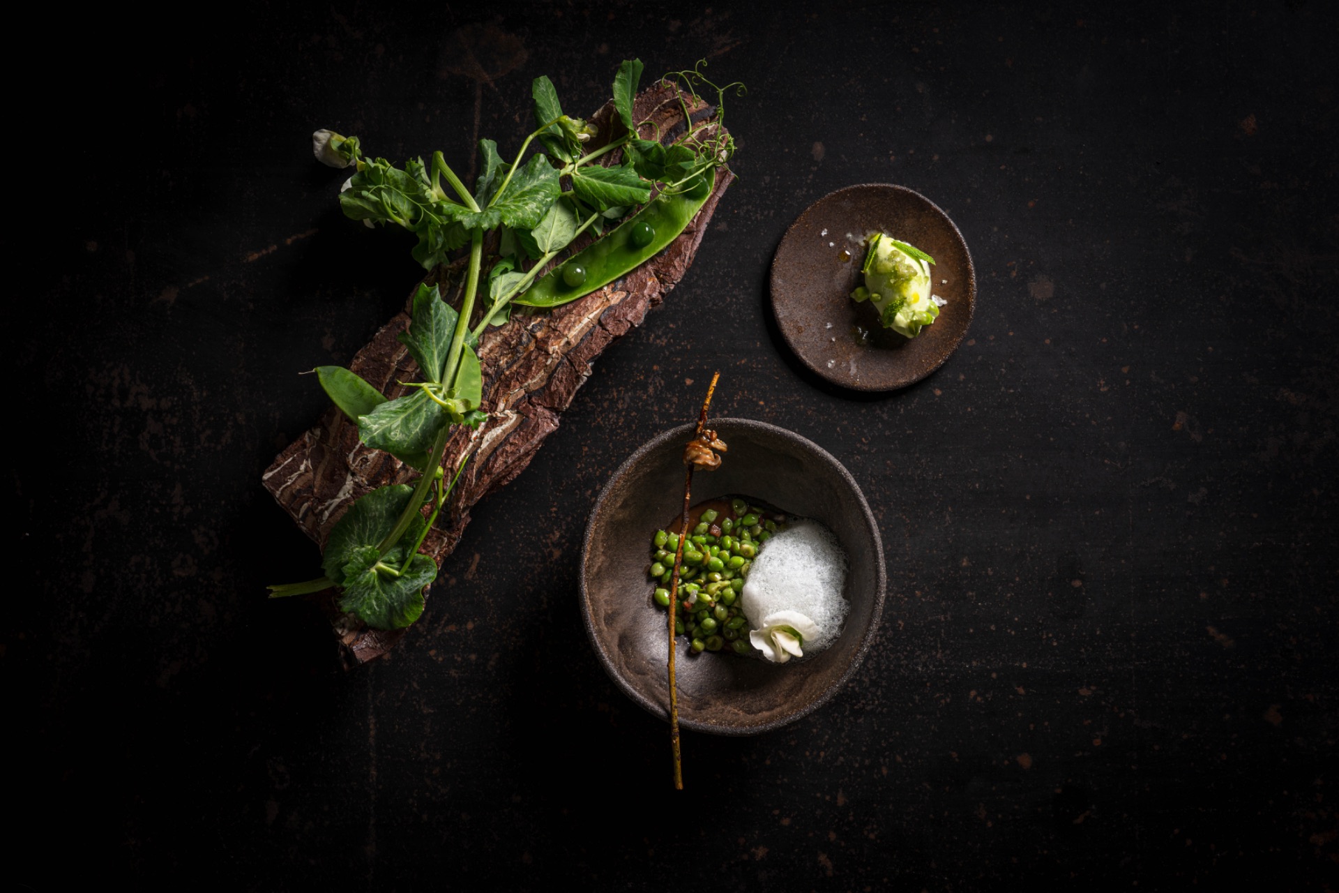 Plato de guisantes de Les Cols, restaurante dos estrellas Michelin en Olot, fotografiado por Pau Kin Baldellou